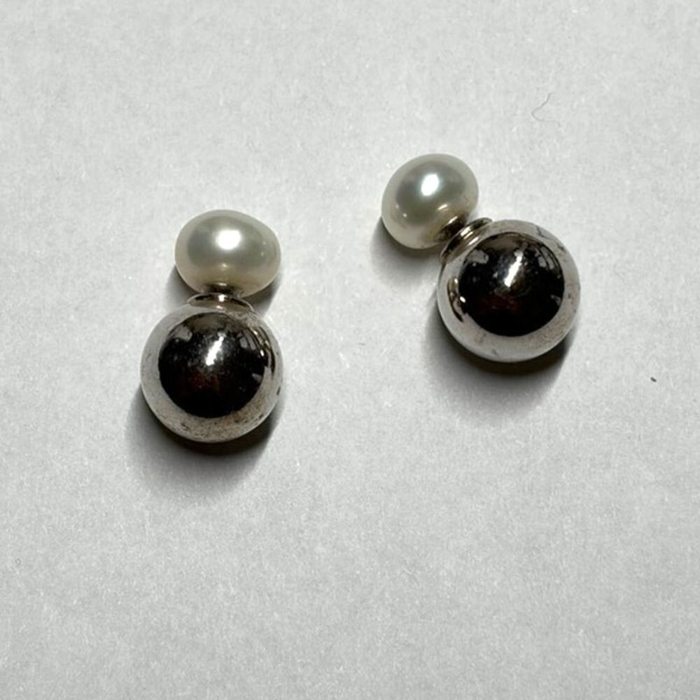 Vintage Helzberg Diamonds HDS Sterling Silver Double Sided Front Back Pearl Stud